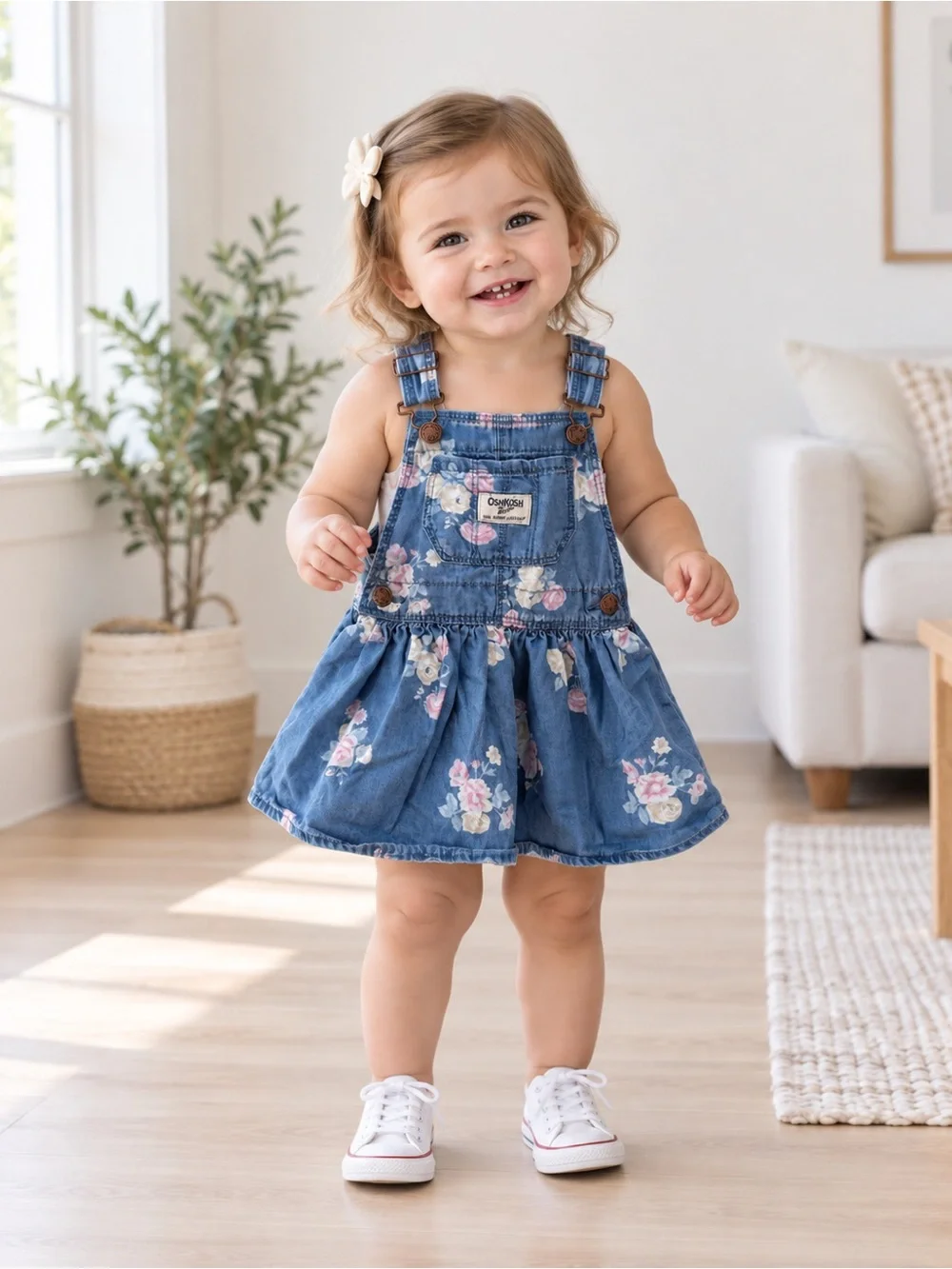 OshKosh B'gosh Blue Denim Floral Overall Dress